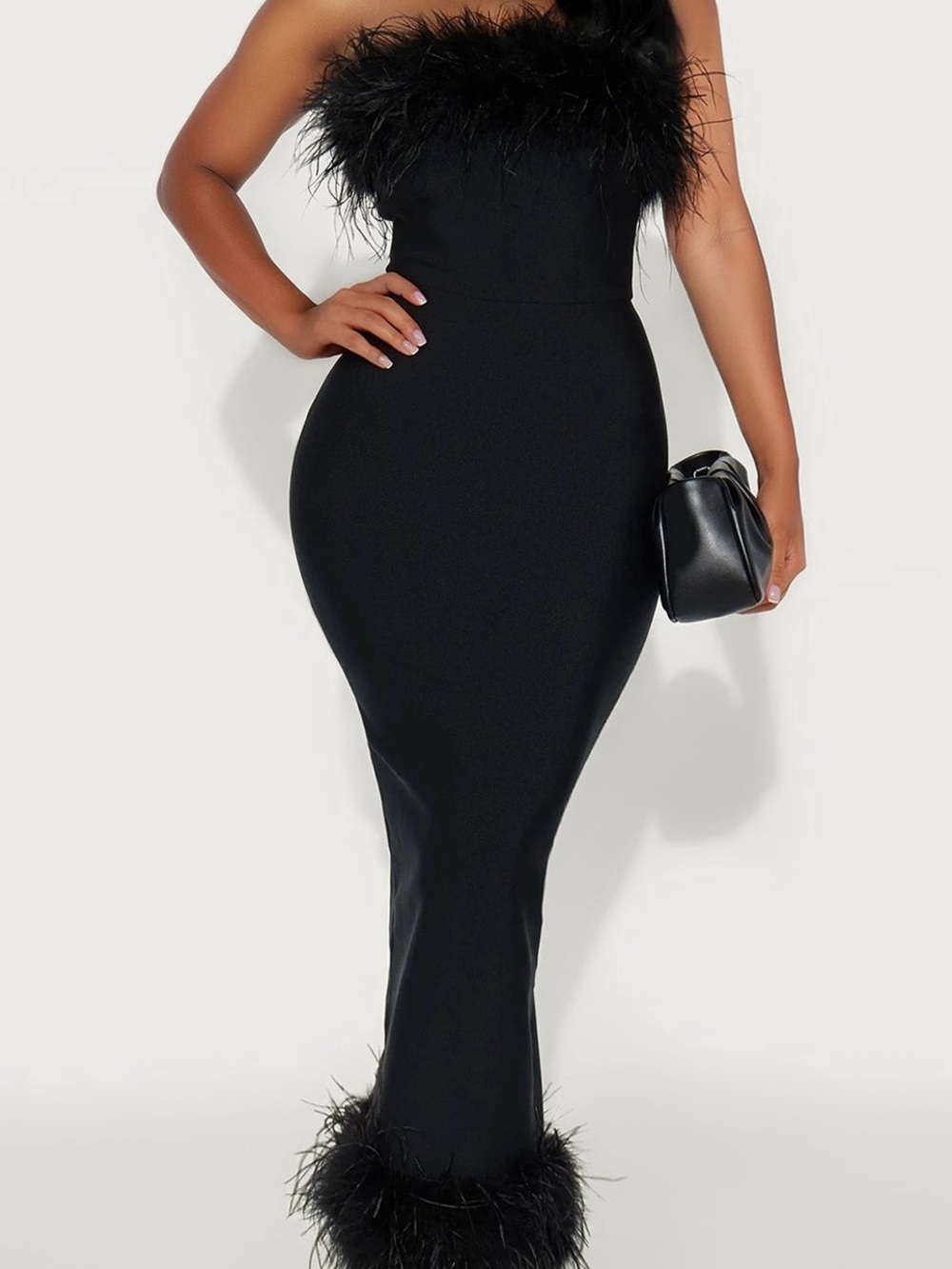 Fashion Nova Black Bandage Strapless Feather-Trim Gown